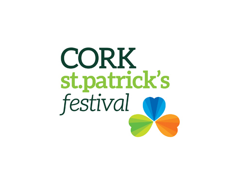 Logo for Cork St. Patrick's Festival. Graphic in two shades of green, shamrock image in green, blue and orange