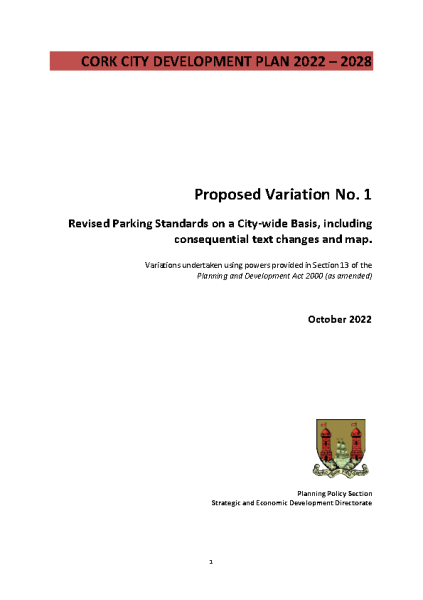 Cork City Development Plan 2022-2028 Proposed Variation No. 1 Parking Standards front page preview
                              