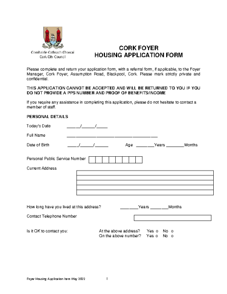 Cork Foyer Housing Application Form  front page preview
                              