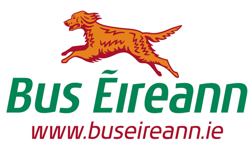 Bus Eireann logo - a red setter in motion over green text plus website