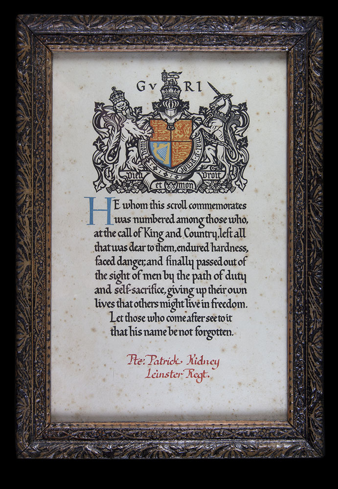 2017.22.2-D9.5-Certificate-Framed-Next-of-Kin-Quote-Private-Patrick-Kidney-Leinster-Regiment