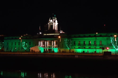 City Hall Cork by night lit in Green