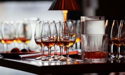 Whiskey glasses on a table