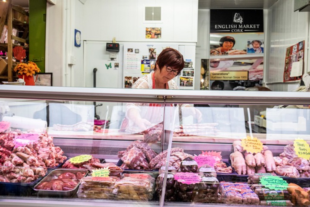 meat display including crubeens, ribs, sausages, and other meats