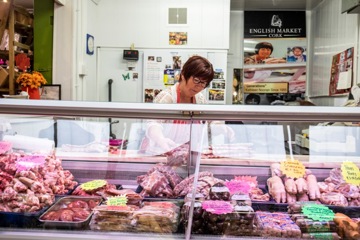 meat display including crubeens, ribs, sausages, and other meats