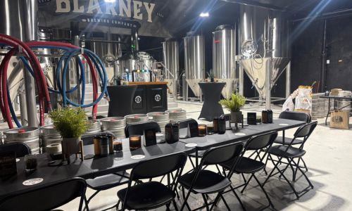 Table and chairs set up for tastings at the blarney brewing company