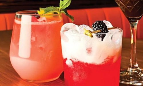 three red cocktails with mint ice and blackberries