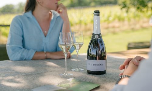 A bottle of champagne on the table and two glasses