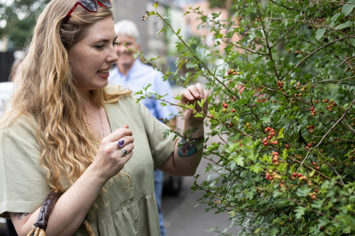 A woman admiring the shrubbery on a walk